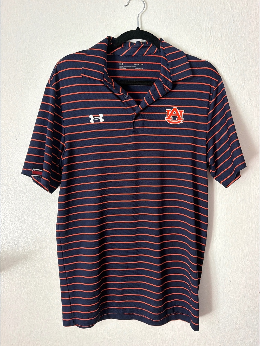 Under Armour Auburn University HeatGear Polo Shirt Navy and Orange Striped Size